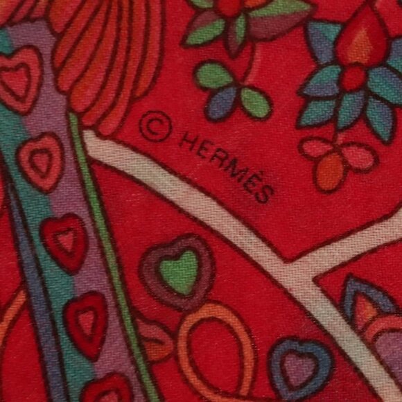 HERMES Carre 140 Scarf ""des Oiseaux Fleurs"" Cashmere Red Auth 133742 - Picture 9 of 10